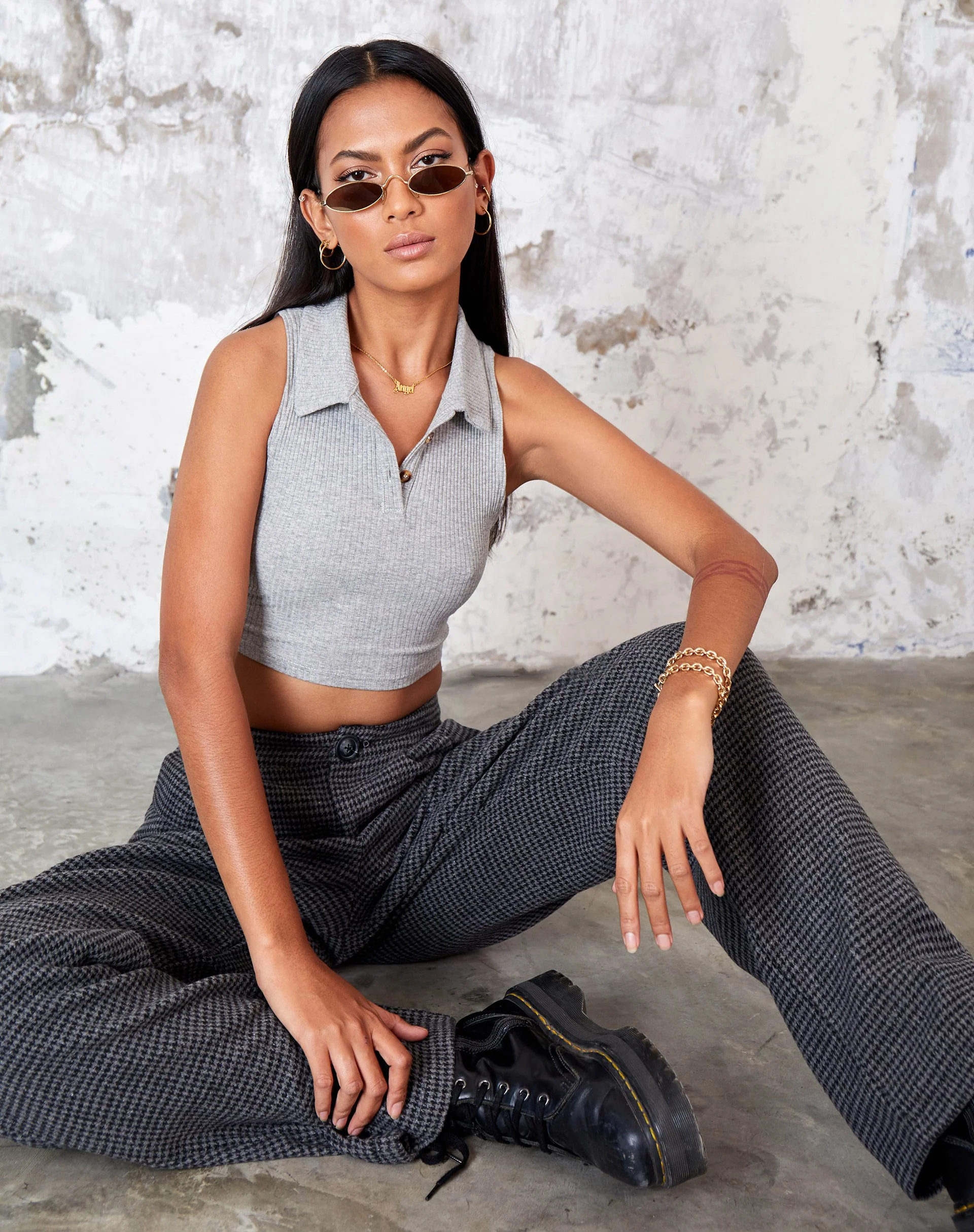 Misha Hose mit weitem Bein aus Houndstooth Schwarz und Grau - Image 3