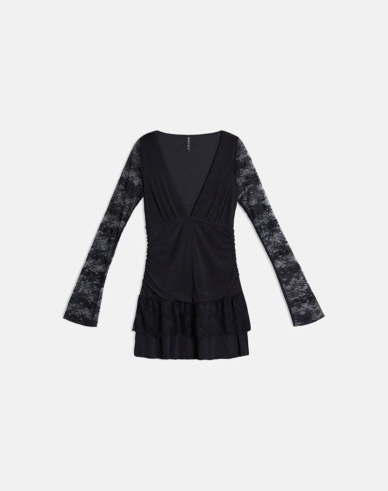 Mishal Langarm-Minikleid mit tiefem Ausschnitt aus schwarzer Spitze - Image 4