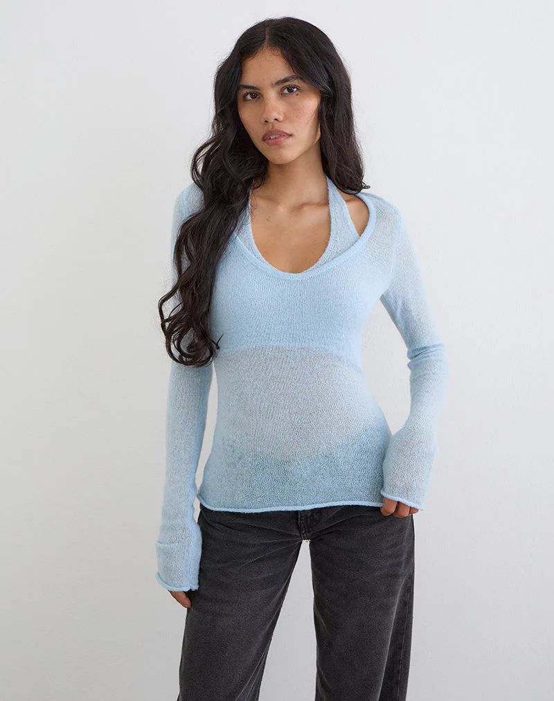 Misora Long Sleeve Top in Sheer Knit Blue - Image 5