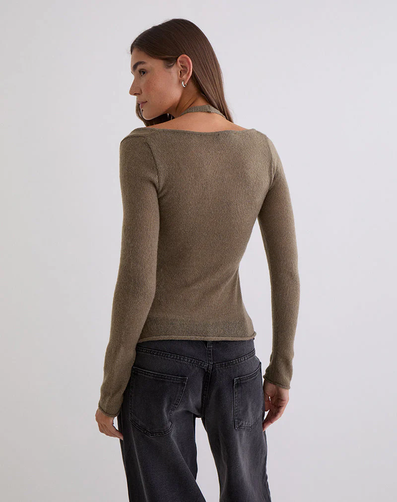 Misora Long Sleeve Top in Sheer Knit Taupe - Image 5
