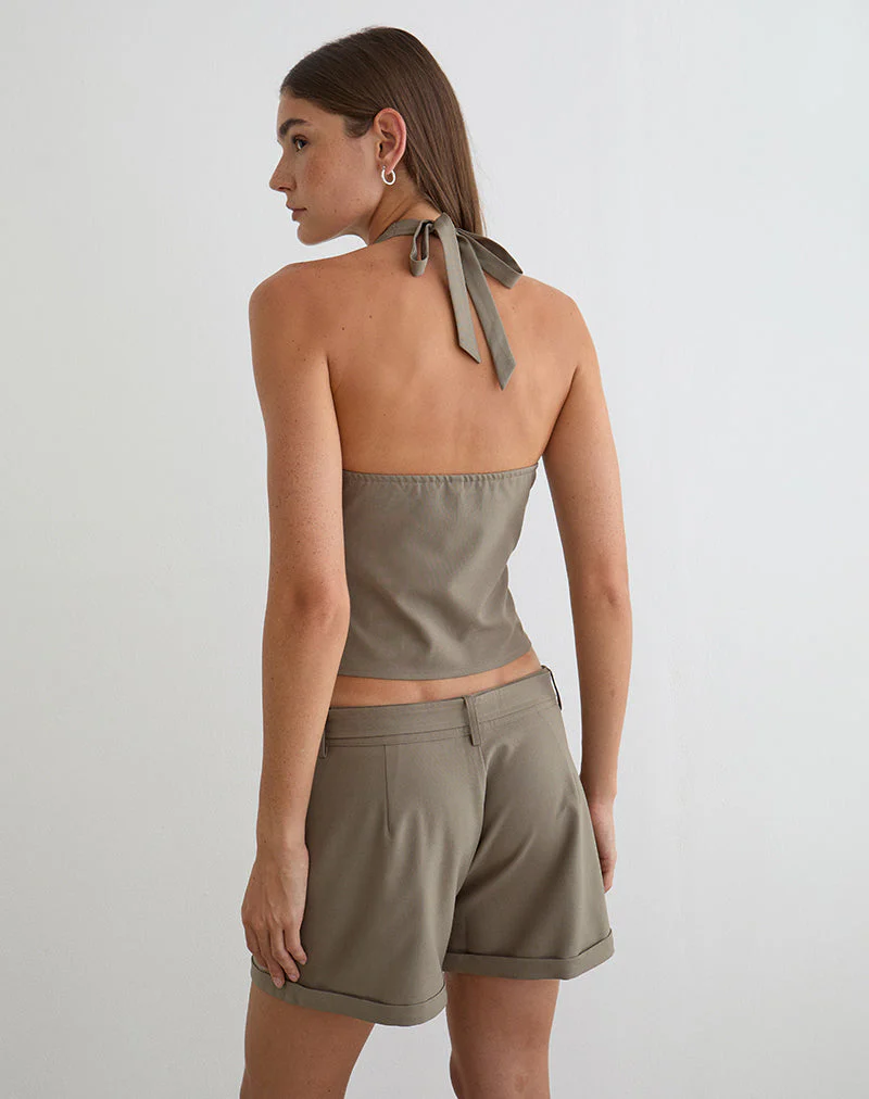 Miyuki Tie Front Halterneck Top in Tailoring Dark Beige - Image 5