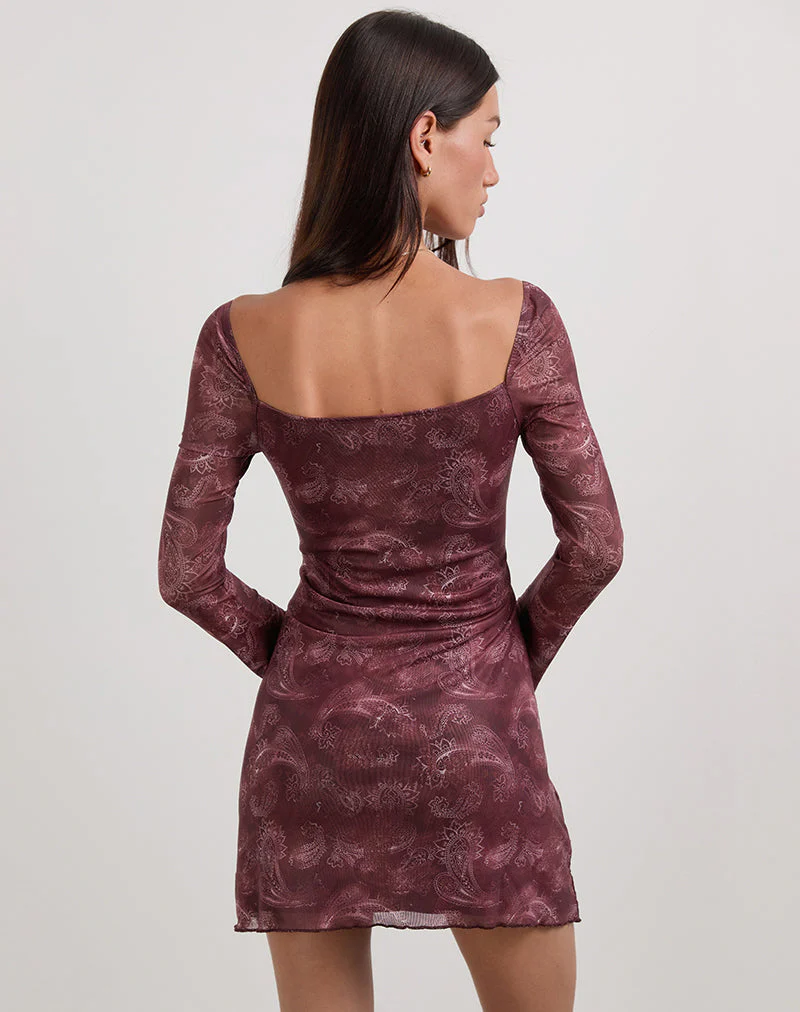 Modena Langärmeliges Minikleid aus tonalem Paisley Pflaume - Image 4