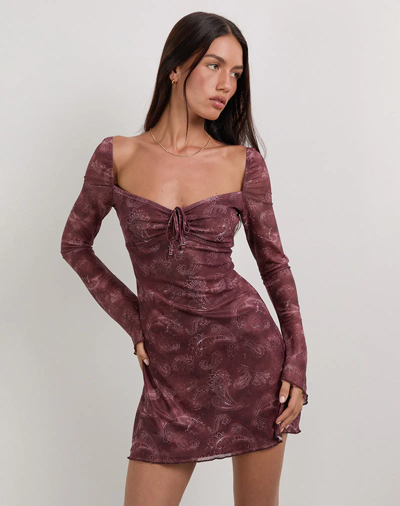 Modena Langärmeliges Minikleid aus tonalem Paisley Pflaume - Image 5