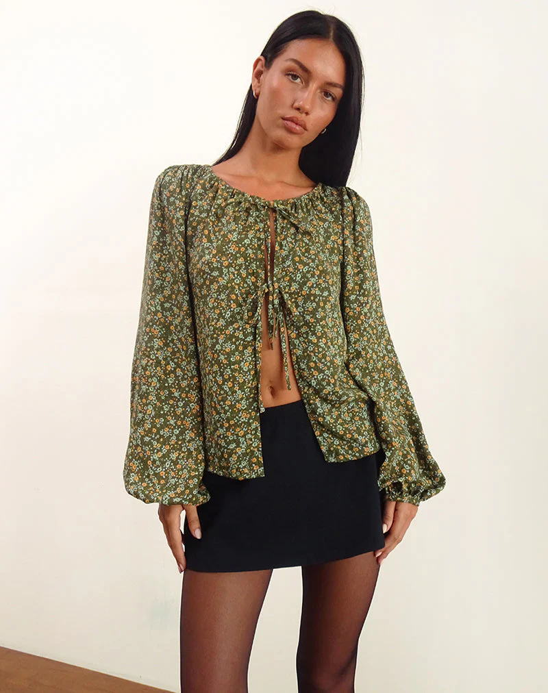 Modeta Krawatten-Top in Grunge Floral Khaki
