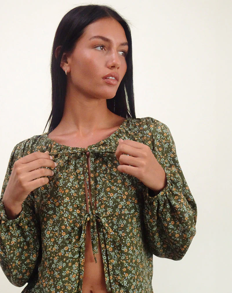 Modeta Krawatten-Top in Grunge Floral Khaki - Image 3