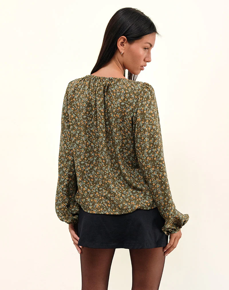 Modeta Krawatten-Top in Grunge Floral Khaki - Image 4
