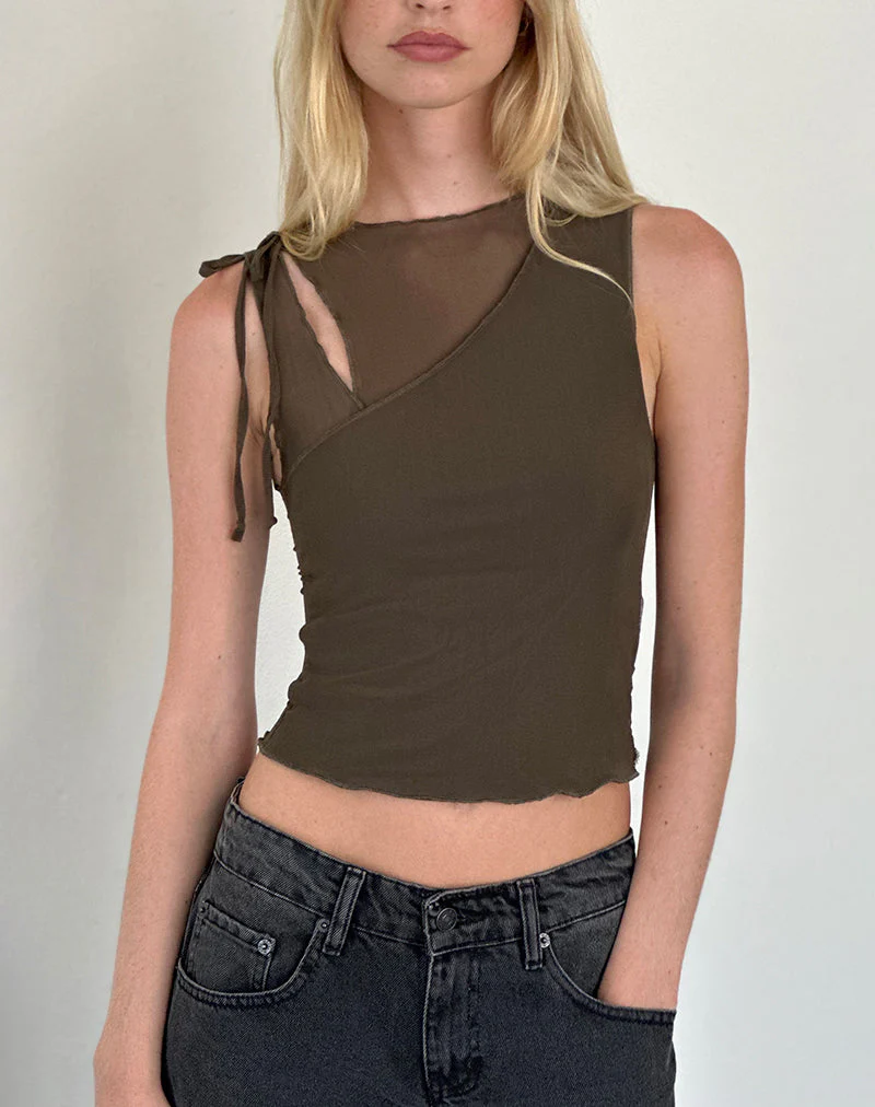 Moni Tie Tank-Top aus Mesh Khaki - Image 2
