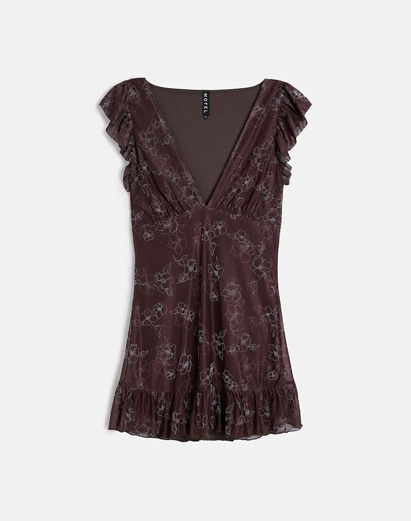 Motarika Minikleid in Doodle Flower Flock Braun - Image 3