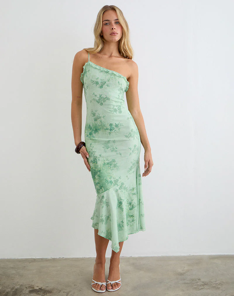 Mumun One Shoulder Asymmetric Midi Dress in Turquoise - Image 3