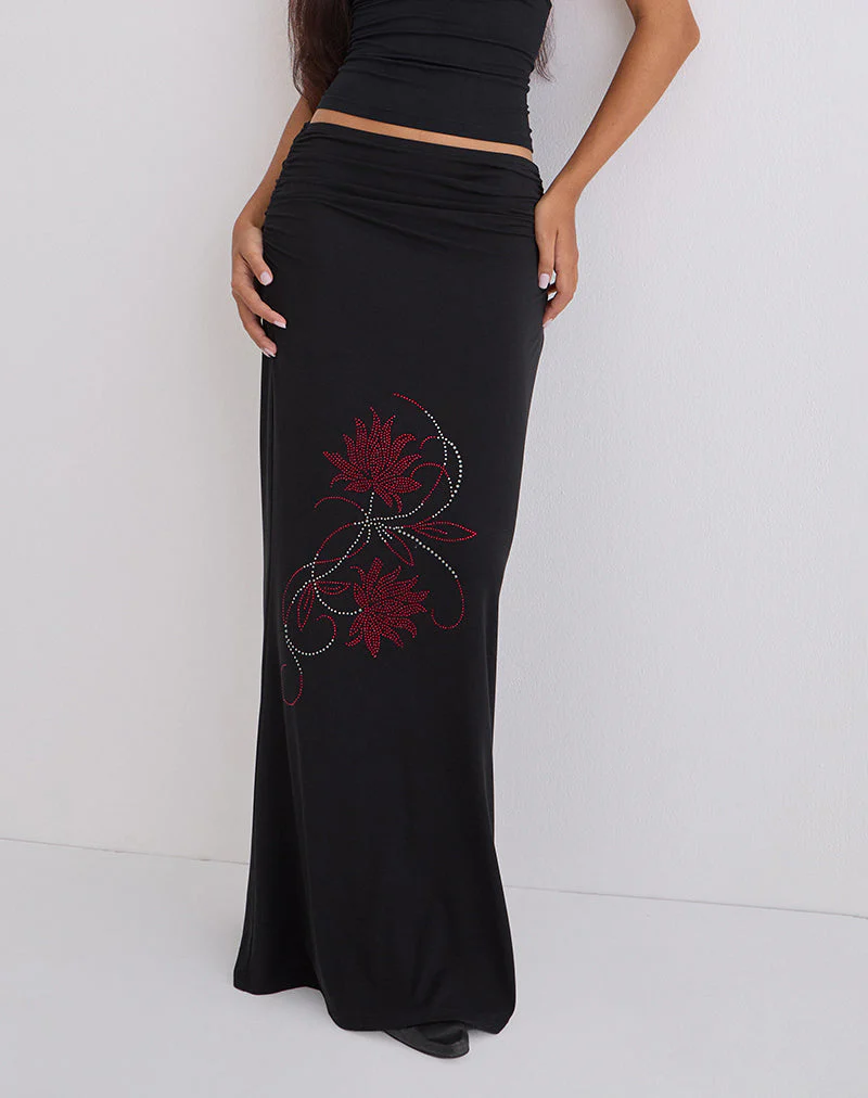Naisra Maxirock aus Cupro mit Diamante-Blumenmuster in Schwarz