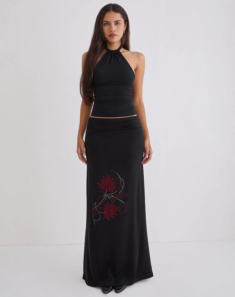 Naisra Maxirock aus Cupro mit Diamante-Blumenmuster in Schwarz - Image 2