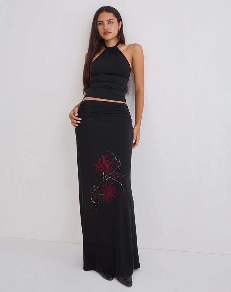 Naisra Maxirock aus Cupro mit Diamante-Blumenmuster in Schwarz - Image 4