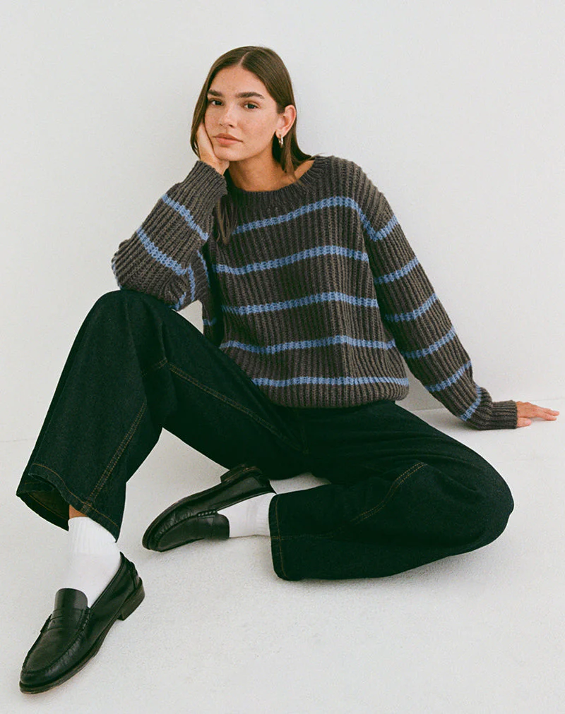 Namirta Pullover in Braun mit blauen Streifen