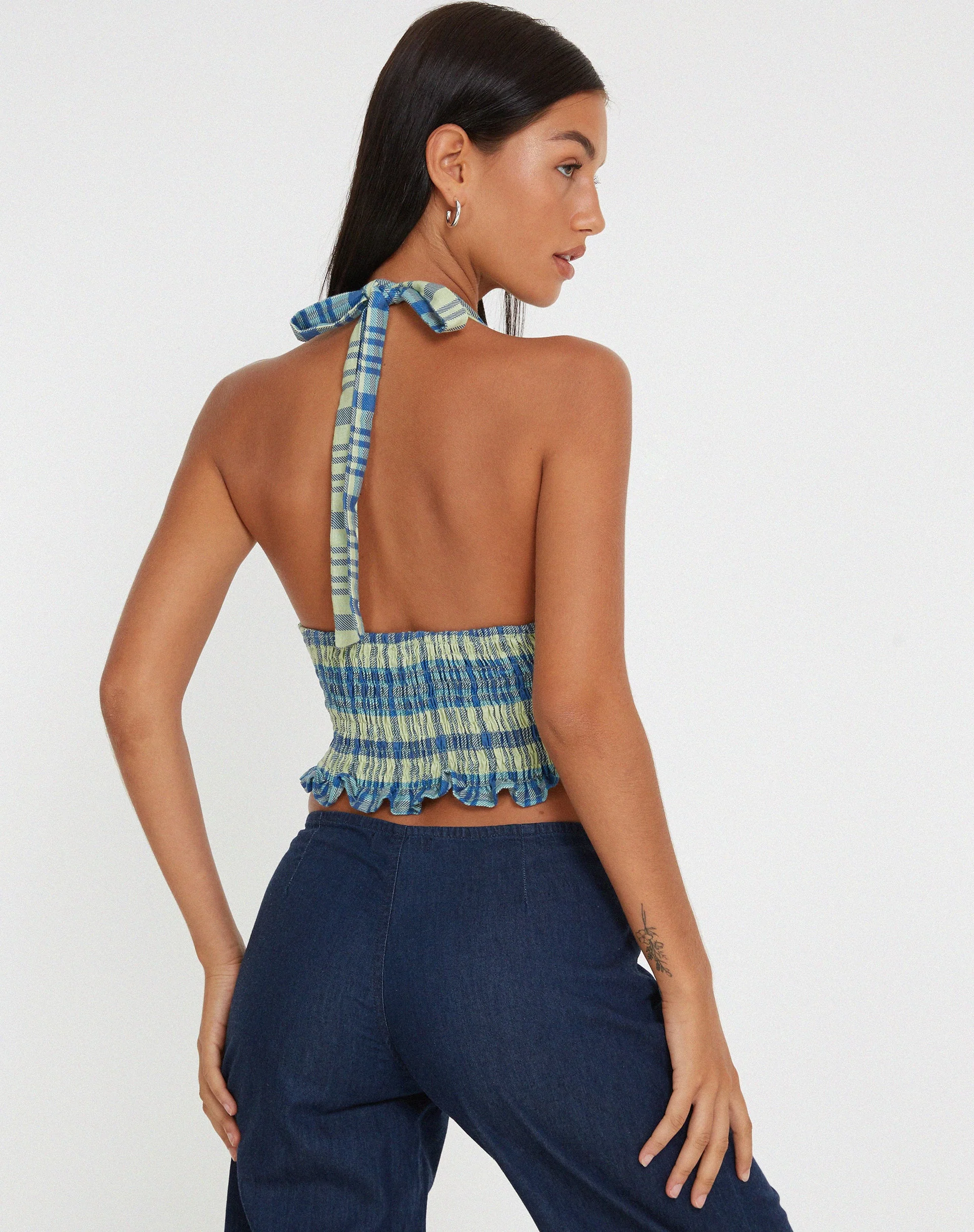 Naoki Crop Top in Colourpop Karo Grün und Blau