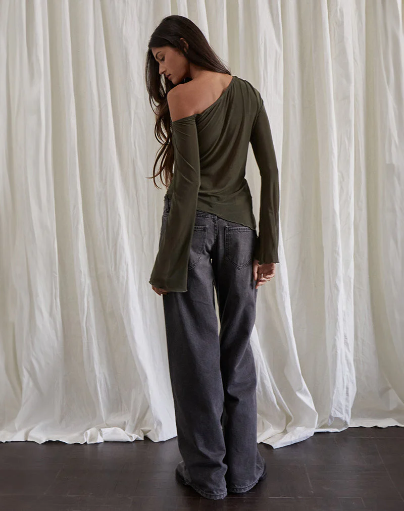 Narcissa Asymmetrisches Oberteil mit langen Ärmeln aus Mesh in Dunkel-Olive - Image 4