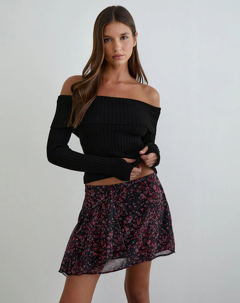 Naru Minirock aus Chiffon mit verstreuten Blumenmustern in Schwarz und Rot - Image 3