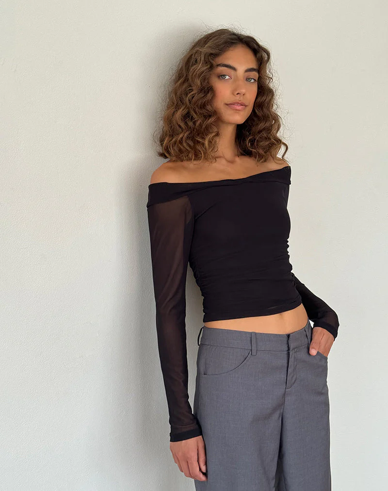 Nauri Langärmeliges Bardot-Top aus Mesh Schwarz