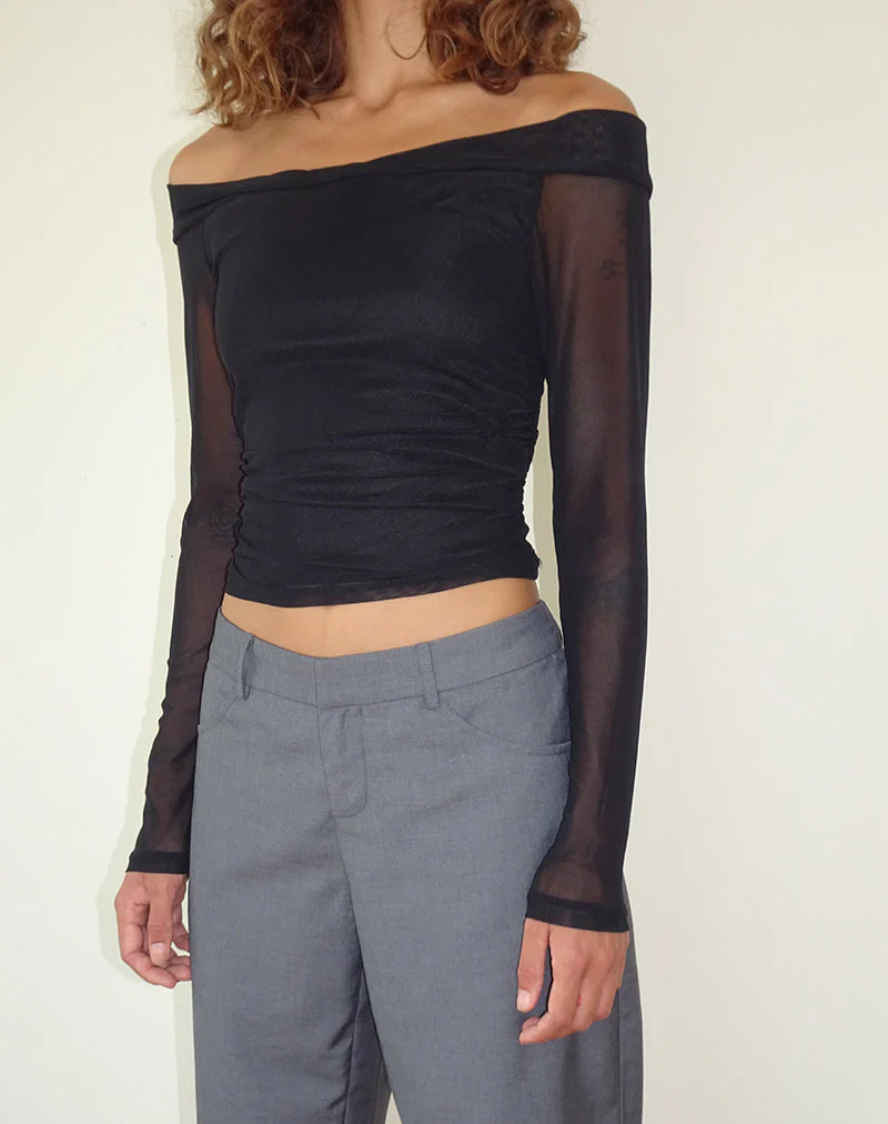 Nauri Langärmeliges Bardot-Top aus Mesh Schwarz - Image 2