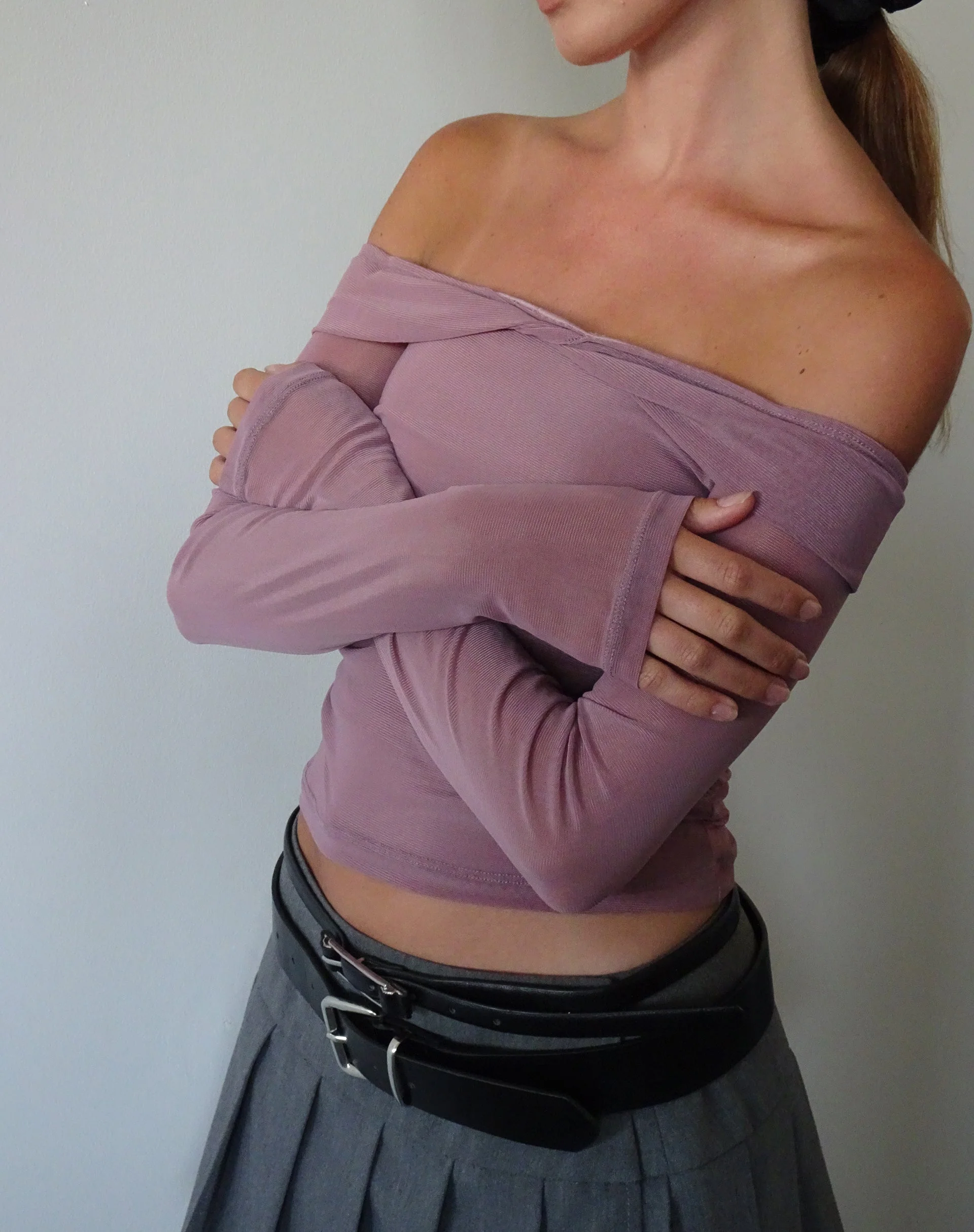 Nauri Langärmeliges Bardot-Top in Wisteria Purple