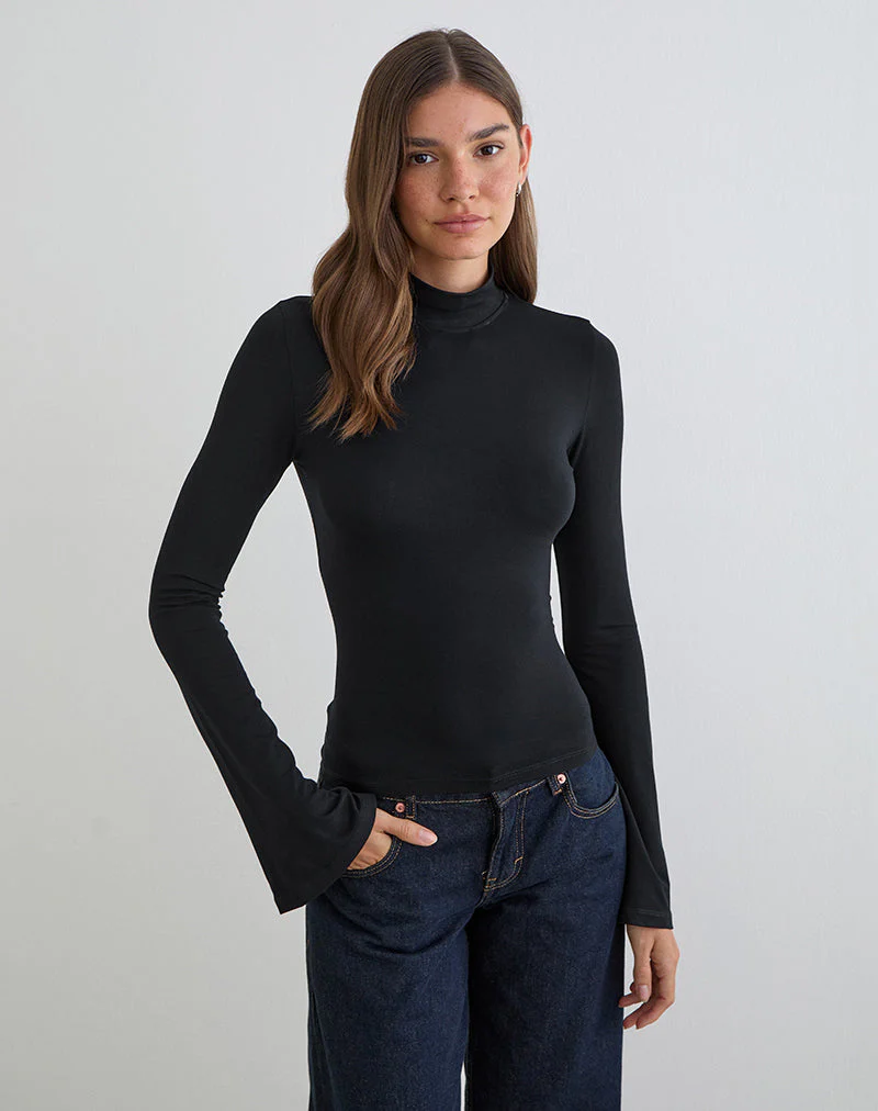 Nell Langarm-Oberteil mit hohem Kragen aus Rayon-Jersey, schwarz - Image 3