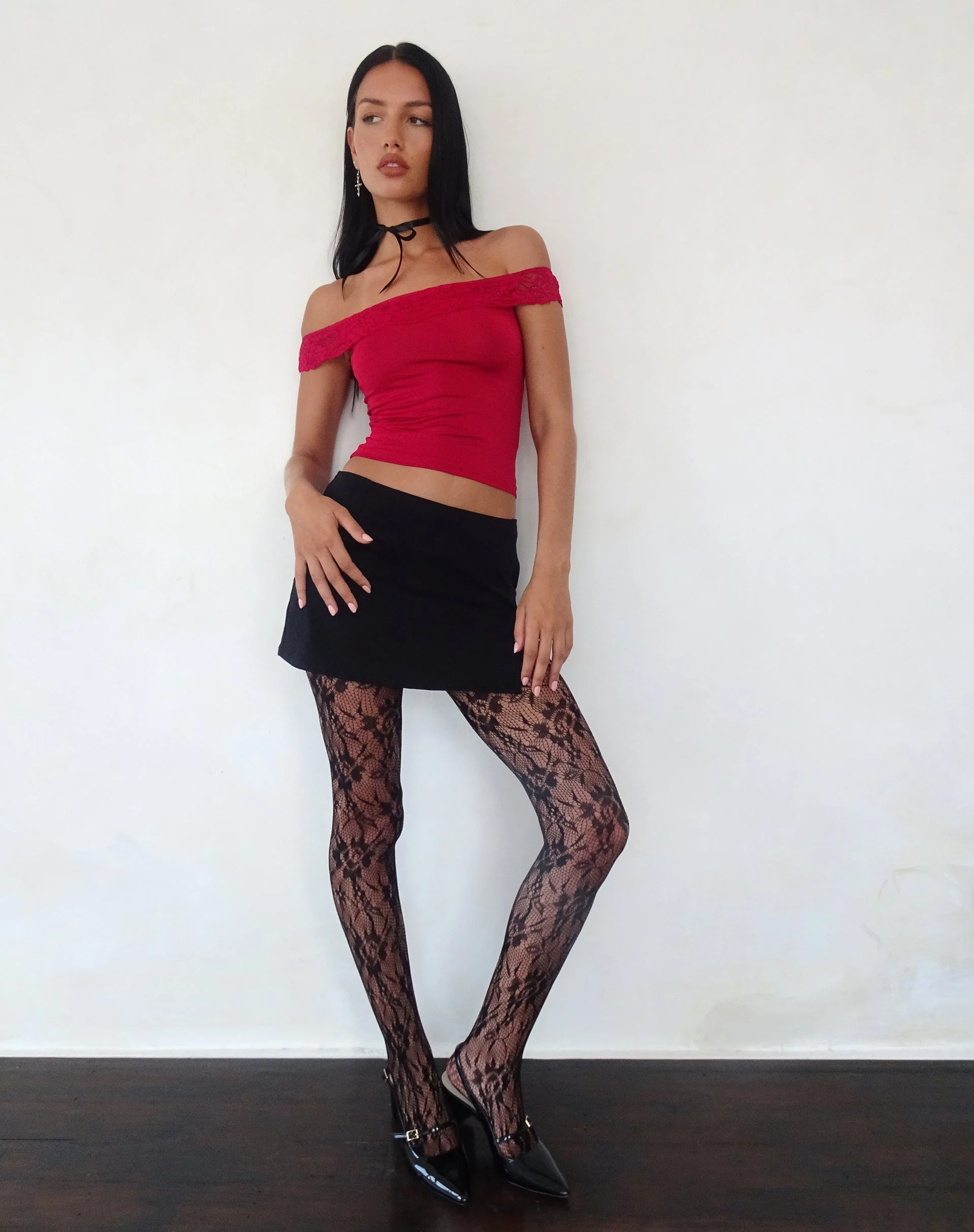 Nesel Bardot Top aus glitzernder Spitze Rot - Image 2