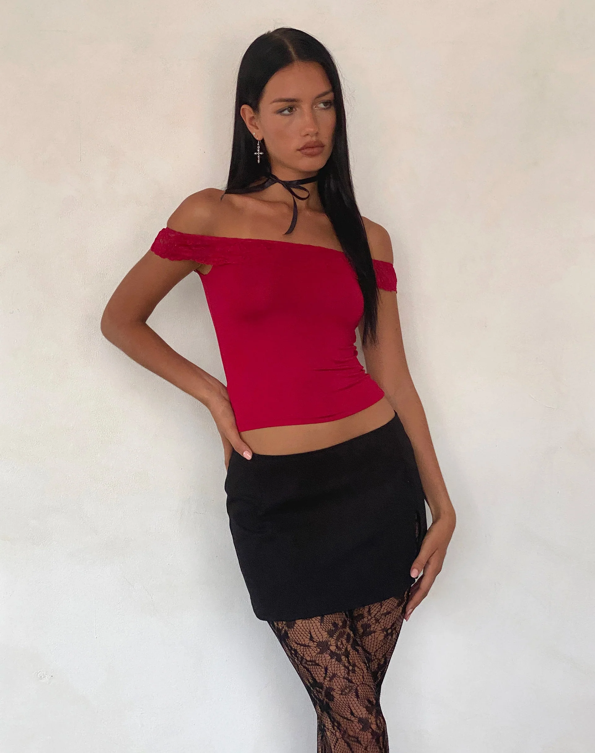 Nesel Bardot Top aus glitzernder Spitze Rot - Image 3