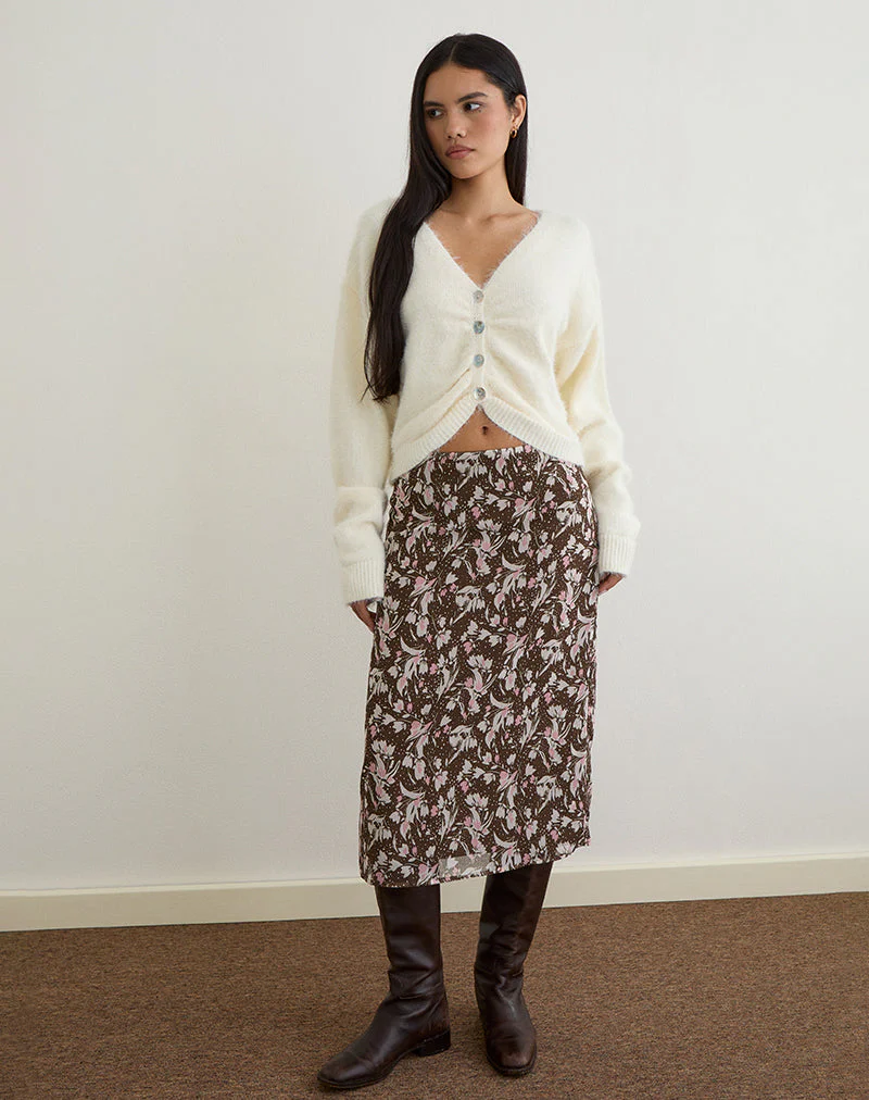 Nimas Midirock aus braunem und rosa Polka-Blumen-Chiffon - Image 2