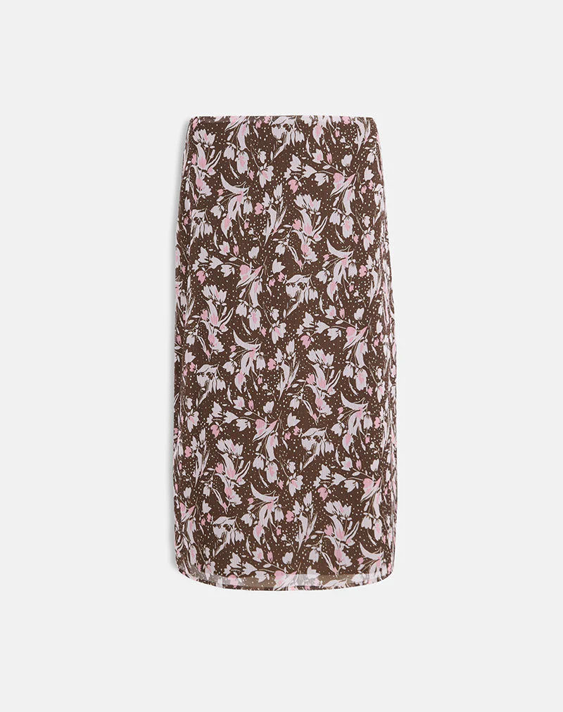Nimas Midirock aus braunem und rosa Polka-Blumen-Chiffon - Image 3
