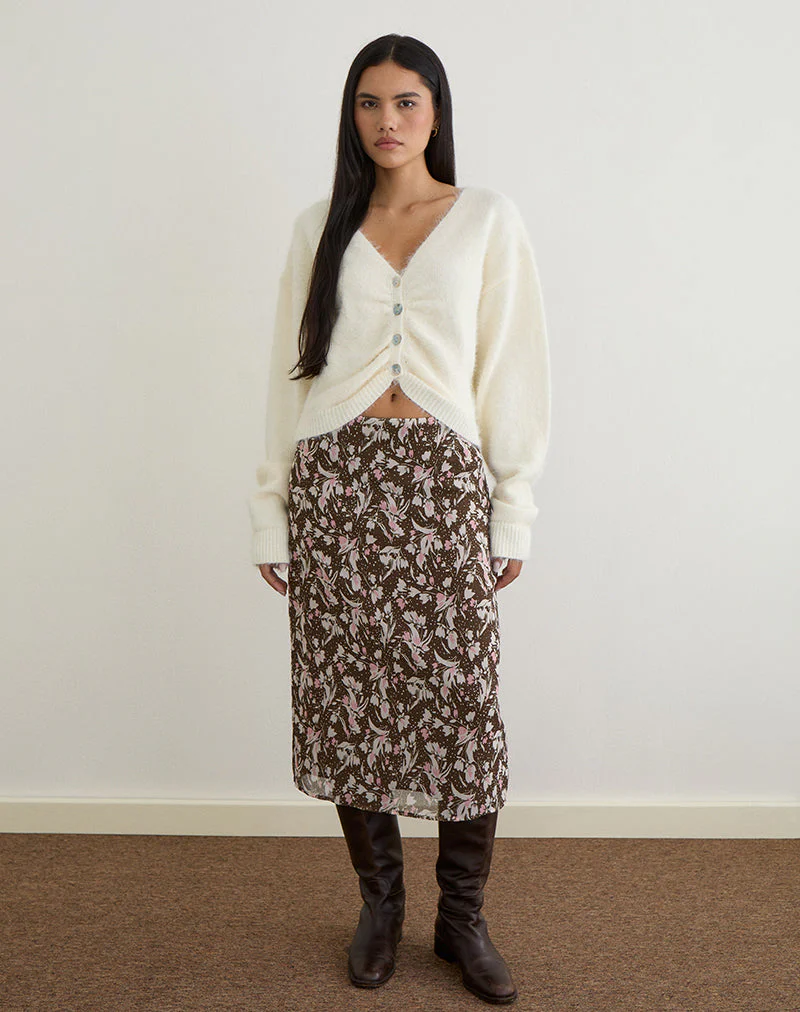 Nimas Midirock aus braunem und rosa Polka-Blumen-Chiffon - Image 4
