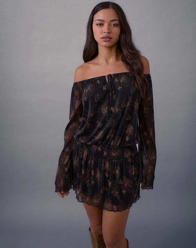Nisha Langarm-Minikleid in Schwarz mit bronzefarbenem Schimmer - Image 2