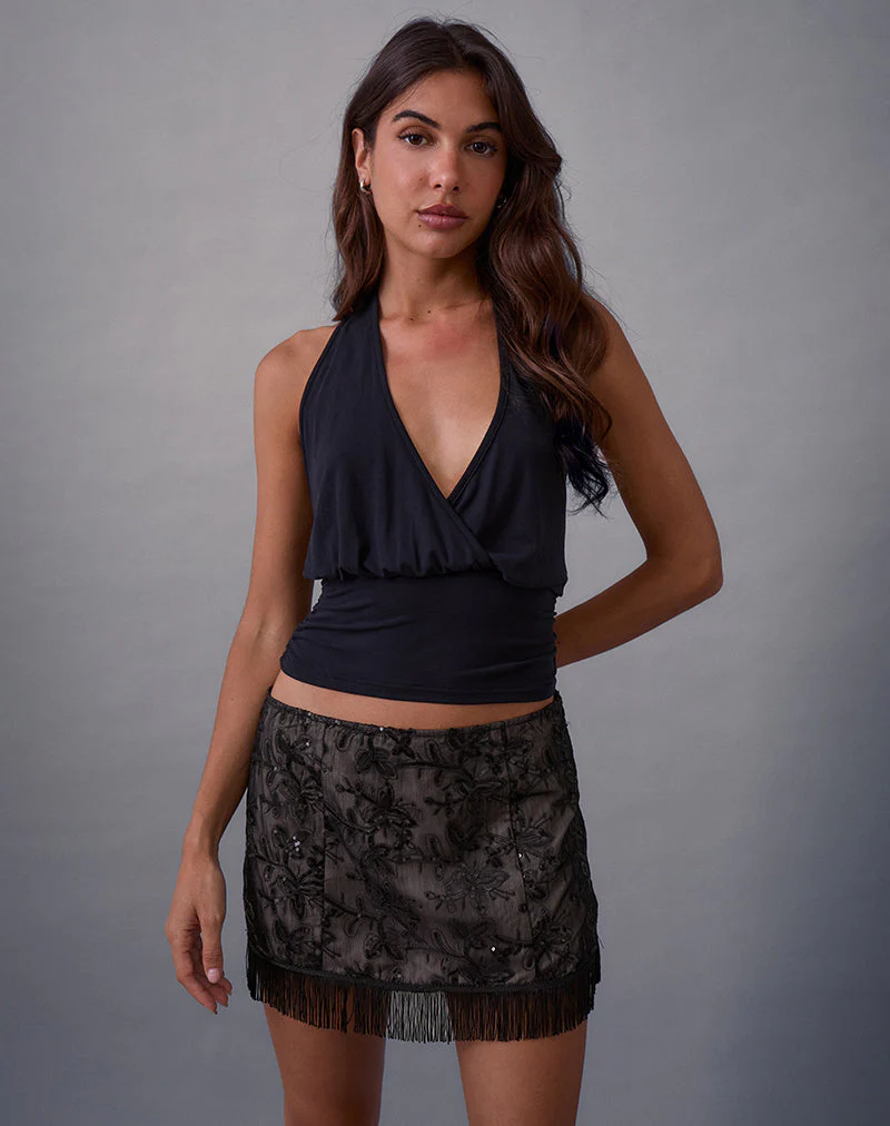 Nivia Minirock aus geblümtem Paillettenchiffon mit Quasten Schwarz - Image 4