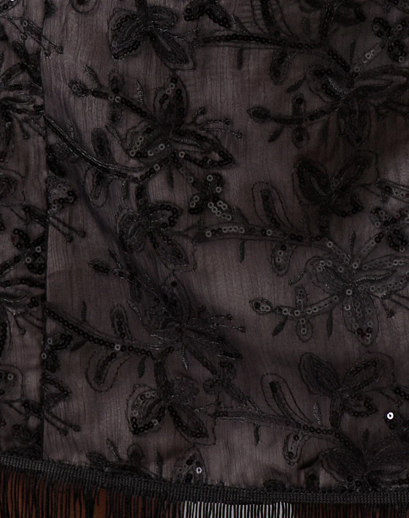 Nivia Minirock aus geblümtem Paillettenchiffon mit Quasten Schwarz - Image 6
