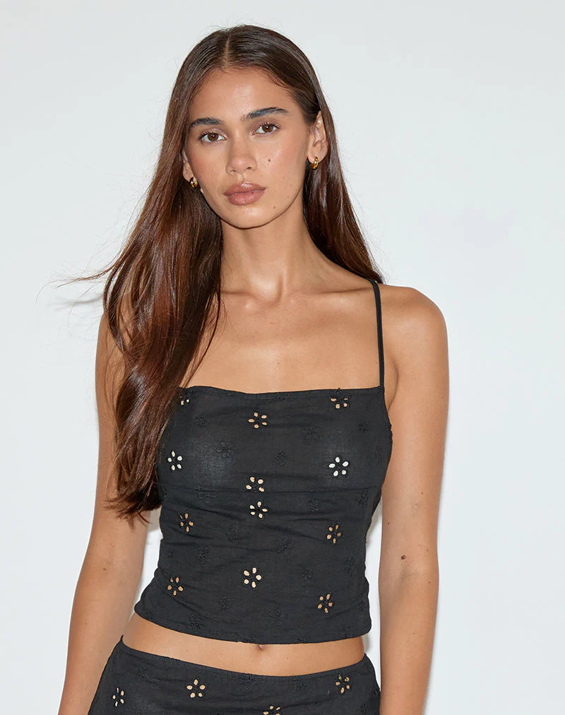 Nobita Cami Top aus Blumenbroderie Schwarz