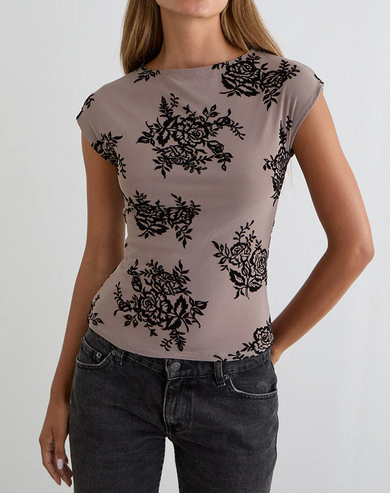 Nova Top in Taupe-Grau mit auffälligem Blumenflock - Image 2
