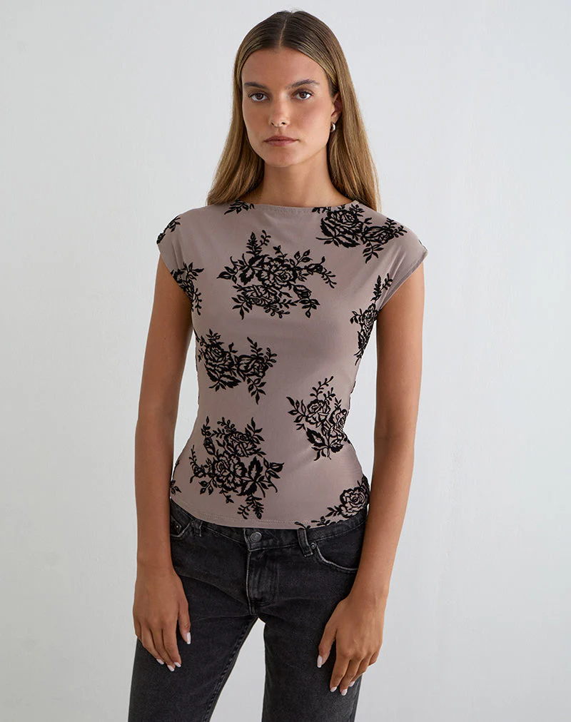 Nova Top in Taupe-Grau mit auffälligem Blumenflock - Image 5