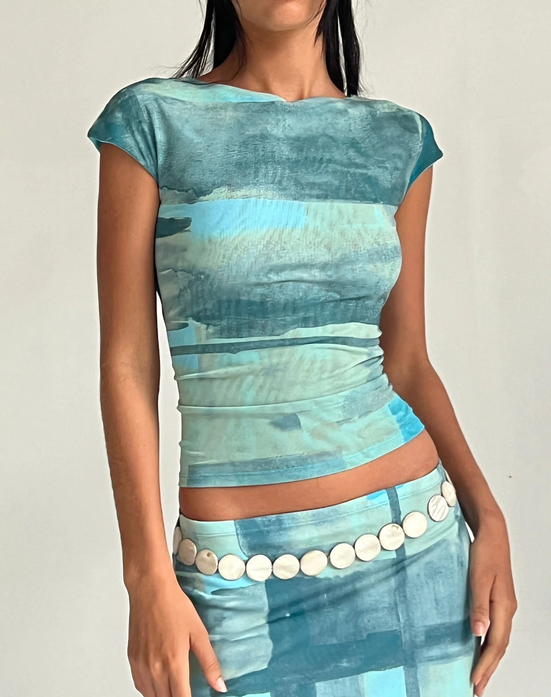 MOTEL X JACQUIE Nova Top in Mesh Grün und Blau Abstrakte Farbe Pinsel - Image 4