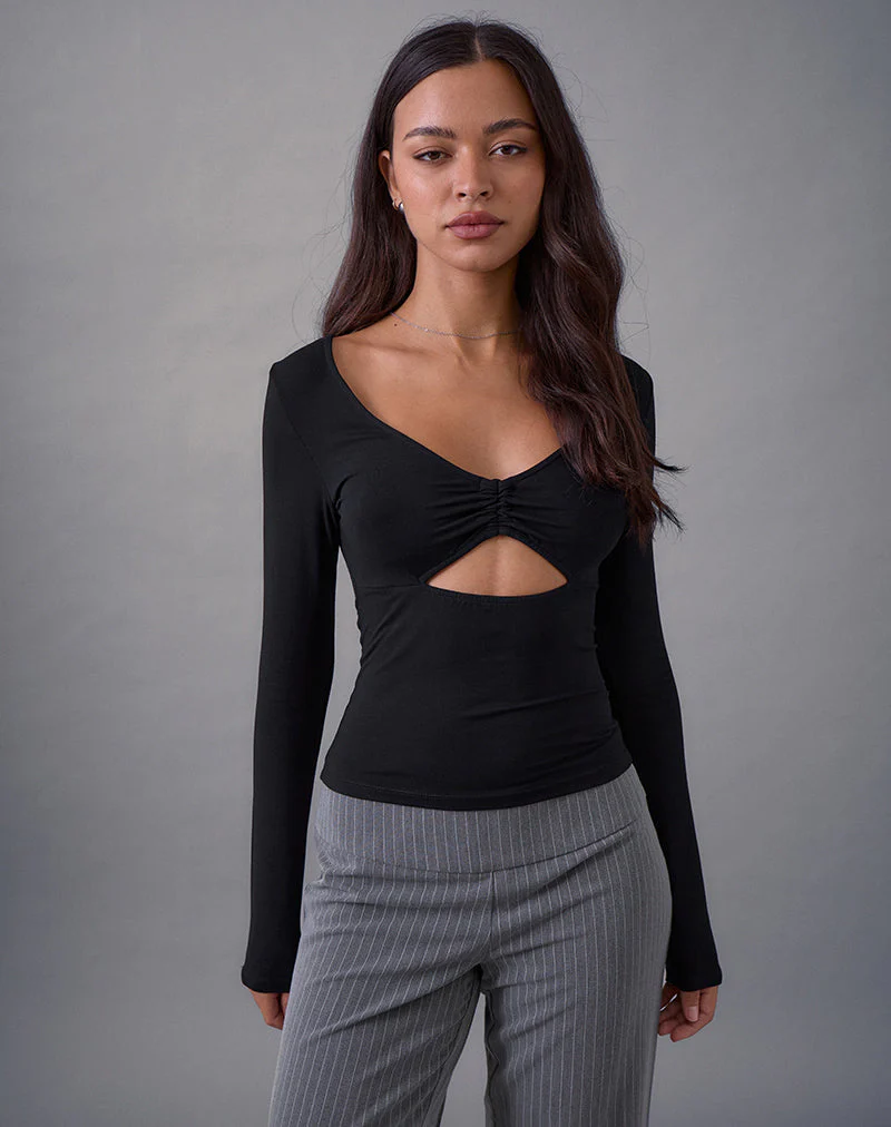 Nyala Langärmeliges Top mit Ausschnitt aus Rayon Jersey Schwarz