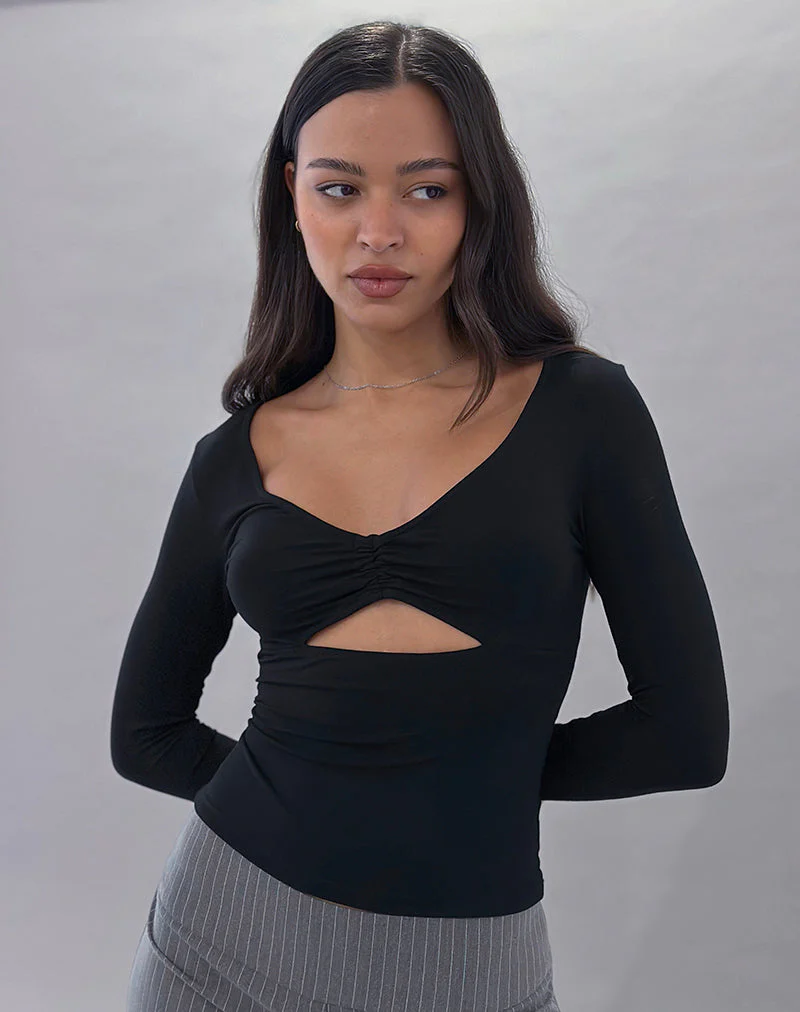 Nyala Langärmeliges Top mit Ausschnitt aus Rayon Jersey Schwarz - Image 2
