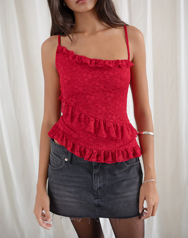 Octavia Asymmetrisches Cami-Top aus Spitze Rot