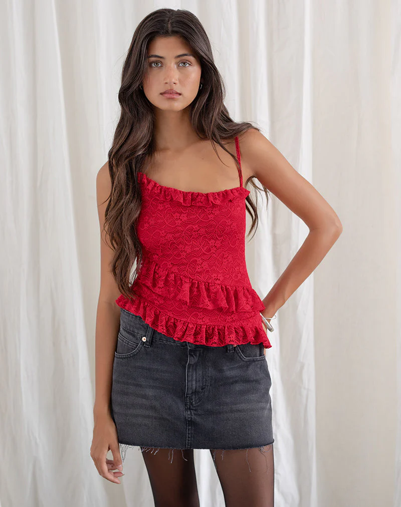 Octavia Asymmetrisches Cami-Top aus Spitze Rot - Image 3