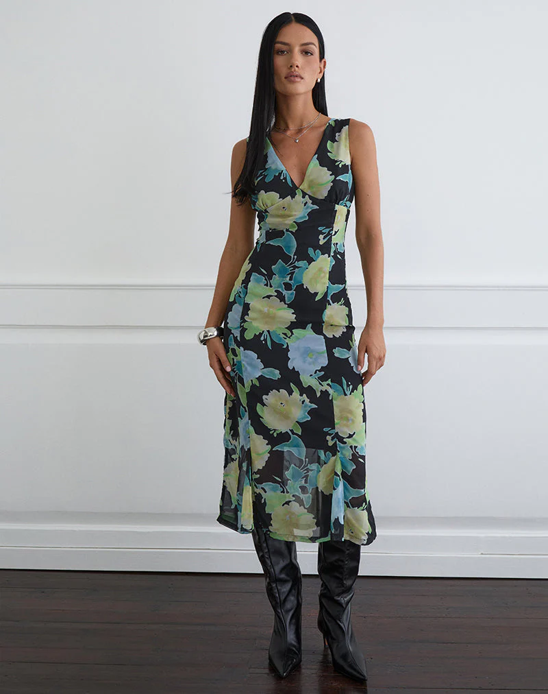 Olydia Midikleid aus schwarzem Chiffon mit Kristallblumenprint - Image 3