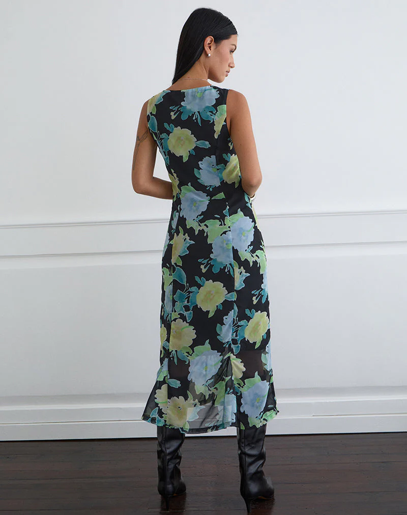 Olydia Midikleid aus schwarzem Chiffon mit Kristallblumenprint - Image 4