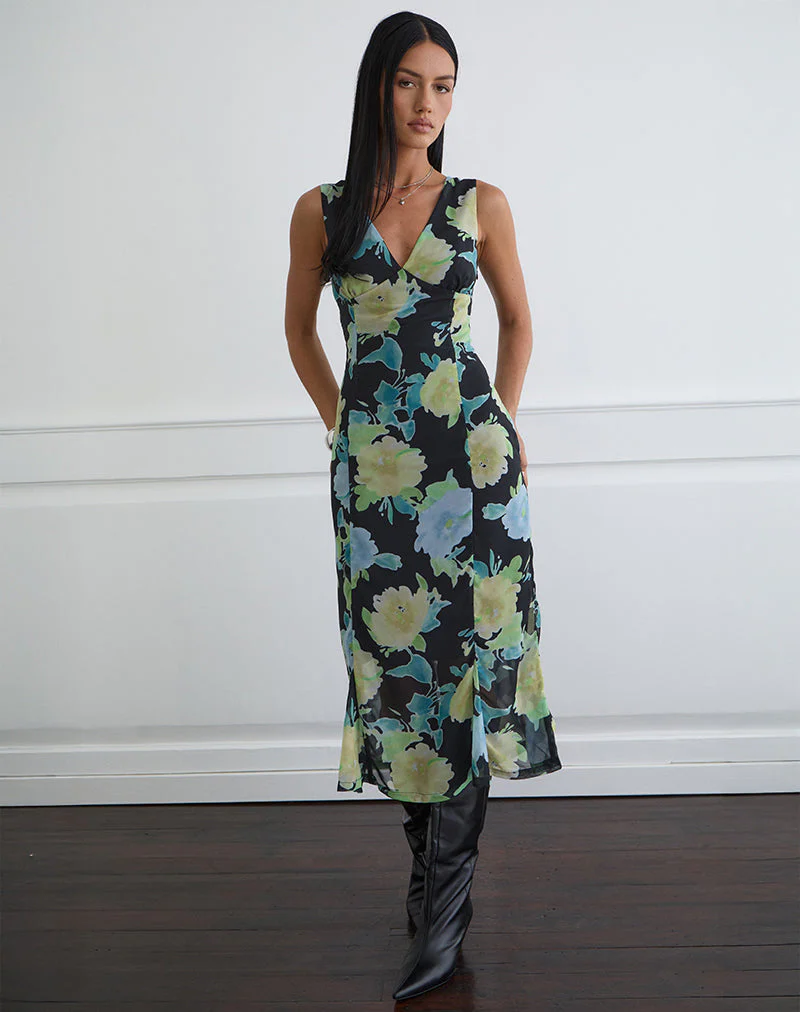 Olydia Midikleid aus schwarzem Chiffon mit Kristallblumenprint - Image 5