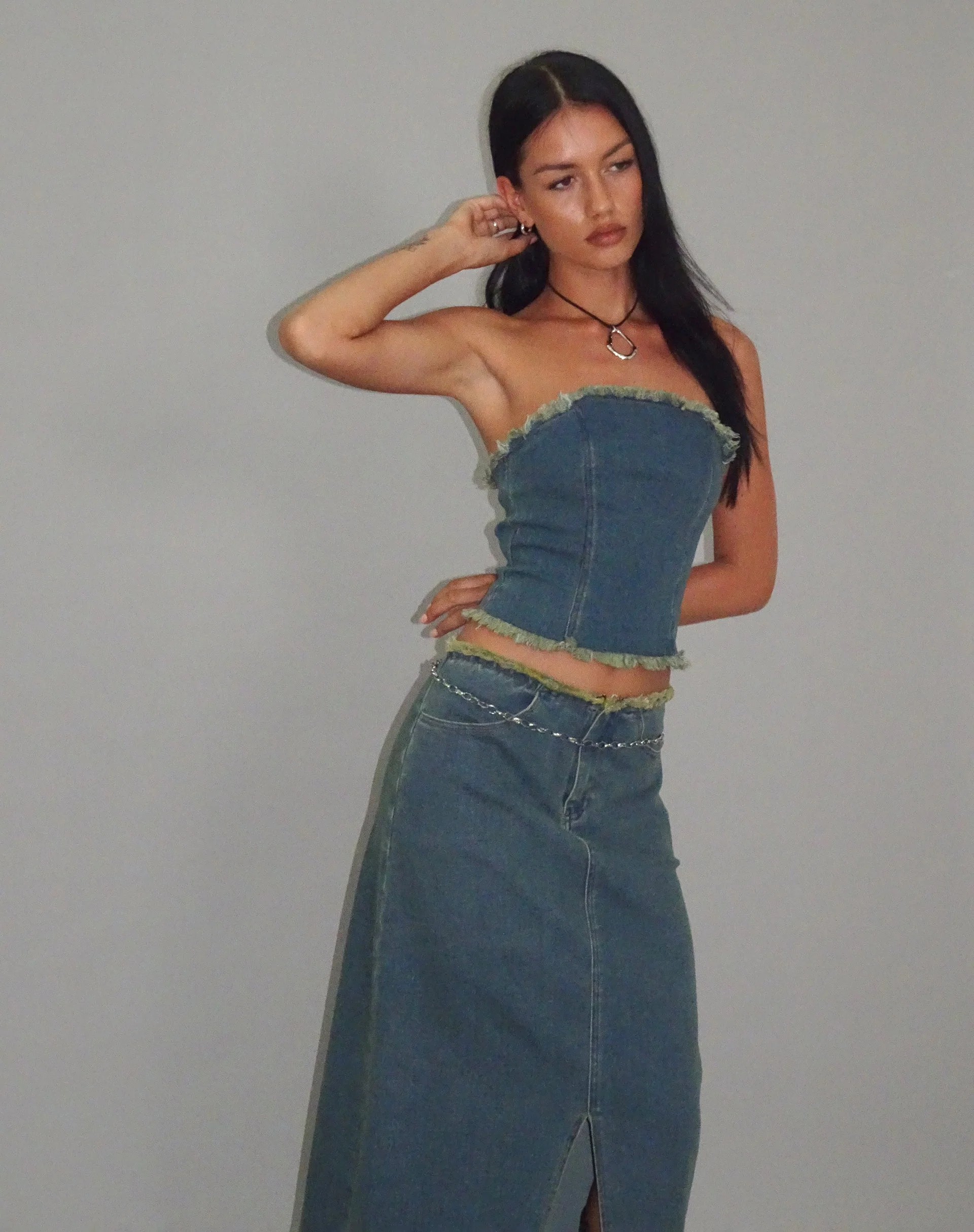 Omas Denim Bandeau Top in Braun Blau Acid Wash - Image 3