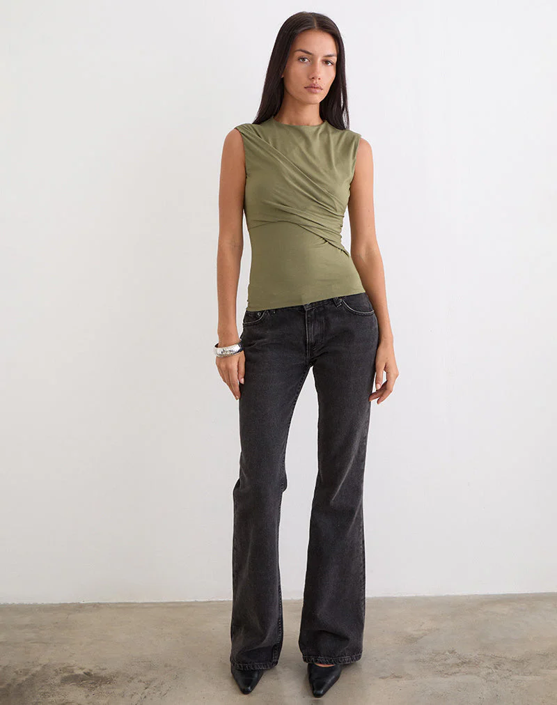 Otso Twist Wrap Top in Rayon Jersey Khaki - Image 3