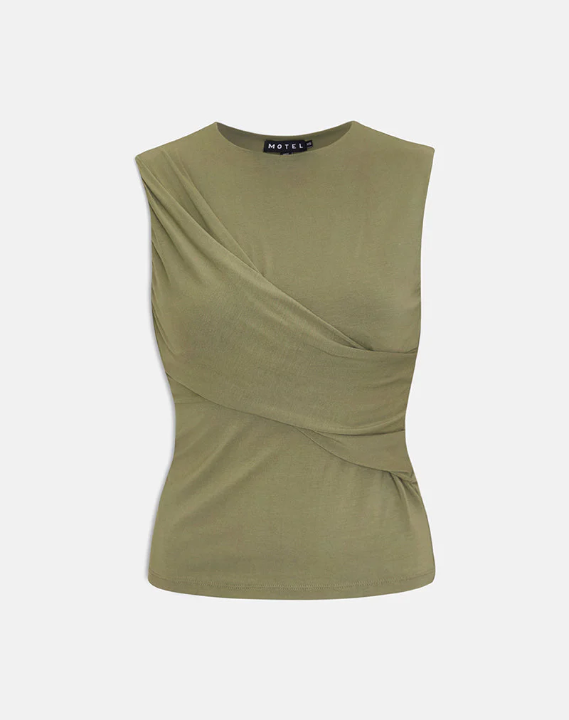 Otso Twist Wrap Top in Rayon Jersey Khaki - Image 5