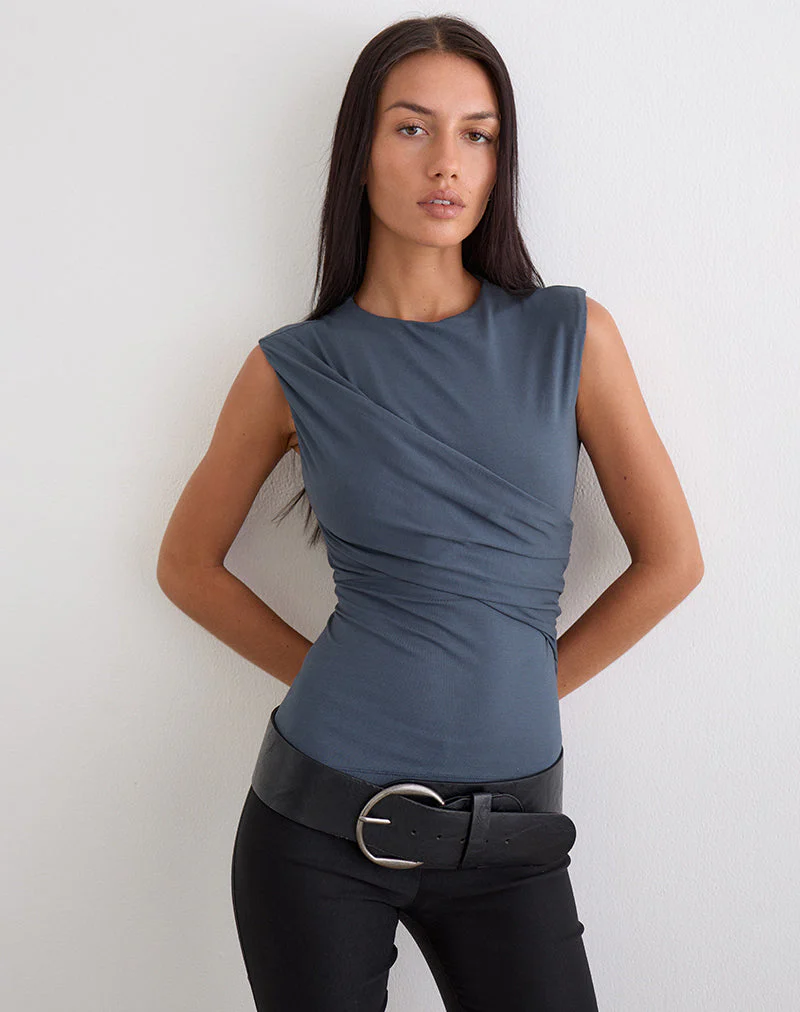 Otso Twist Wrap Top in Rayon Jersey Ocean Storm