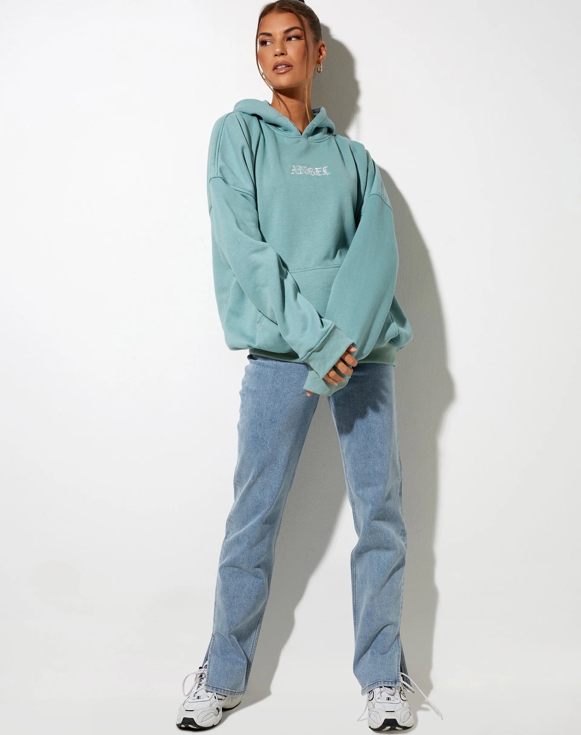Übergroßer Kapuzenpullover in Meeresblau mit 'Angel'-Stickerei - Image 5