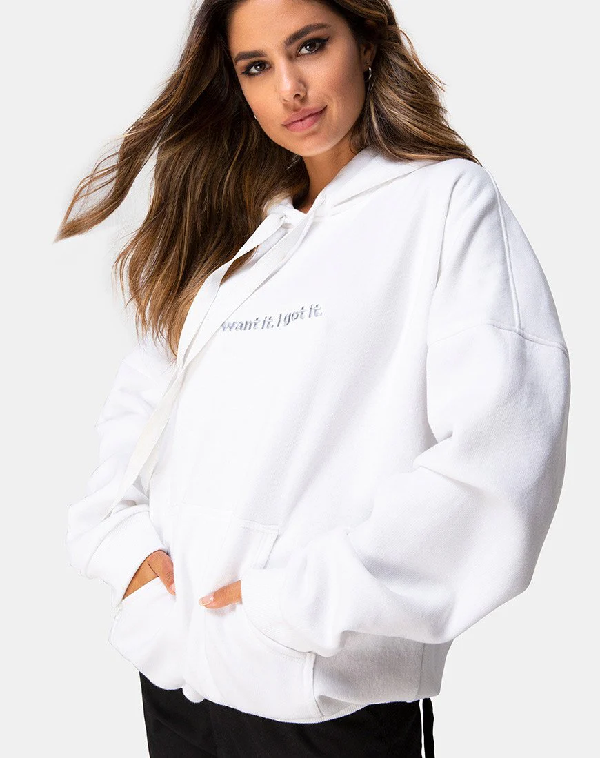 Oversize-Kapuzenpulli aus weißem I Want it Embro