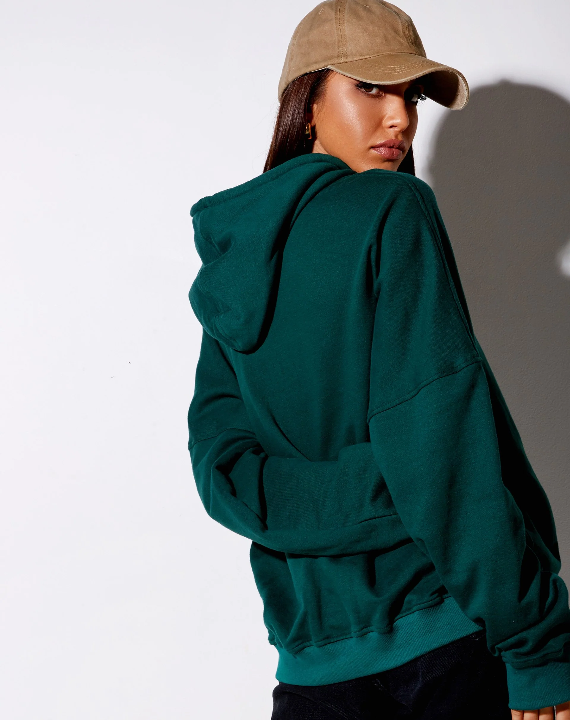 Oversize-Kapuzenpullover in Flaschengrün 'Too Many Feelings' - Image 2